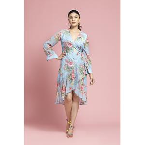 Vestido Midi Cruzado de Georgette Azul Cielo Estilo Vintage para Mujer, Manga Corta, Holgado y Cómodo, Precio al por Mayor - Product Image 6