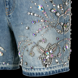 Shorts de Mezclilla Azules Personalizados Unisex con Pedrería, Diseño de Estrellas, Adornados con Diamantes, Brillantes, Sexys, de Cintura Alta para Discoteca - Product Image 4