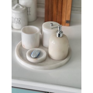 White Marble Bathroom Set 4-Piece Round Minimalist Soap Dispenser <b>Toothbrush</b> <b>Holder</b> Tray Easy To Clean - Product Image 1