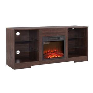 Modern Electric Fireplace <b>TV</b> <b>Stand</b> with Glass Shelves 3D <b>LED</b> Lights Wood USB Charging Outlet Sleek Design - Product Image 5