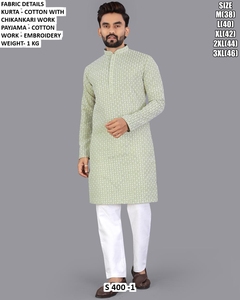 <b>Men's</b> Light Green Cotton <b>Kurta</b> Chikankari Work Regular Fit Floor-Length Traditional Wear Casual Occasion Quick Dry All Seasons S - Product Image 1