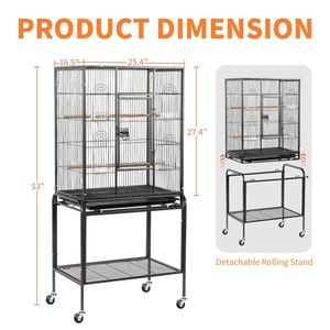 53\" Large Black Flight Bird Cage with Rolling Stand & Storage Shelf for Parrots Lovebirds Cockatiels Parakeets - Product Image 2