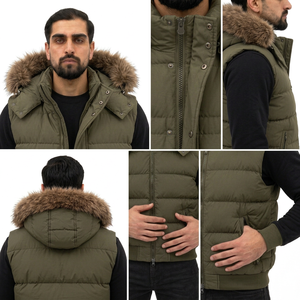 Men's Olive Green Hooded Puffer <b>Fur</b> <b>Trim</b> Zipper Closure Windproof Breathable Casual Winter Jacket Cotton Filled Streetwear - Product Image 6