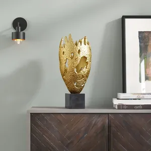 Modern Abstract Gold Resin Sculpture on Black <b>Cube</b> Base Decorative Art Piece - Product Image 4