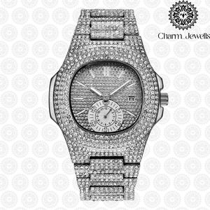 Charm_Jewells Men's Luxury Stainless Steel Watch 42mm Rectangle Case Diamond Encrusted Analog Quartz <b>Chronograph</b> Folding Clasp - Product Image 4