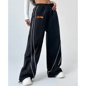 Custom Logo Black <b>Wide</b> <b>Leg</b> Pockets Jogger Trouser Regular Fit Elastic Waist Polyester/Cotton Winter Lace Unisex <b>Cargo</b> Pants - Product Image 1