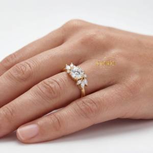 Hermoso Anillo de Compromiso con Diamantes Cultivados en Laboratorio, Diseño de Racimo, Oro Sólido de 14K/18K, Joyería para Propuesta de Matrimonio - Product Image 2