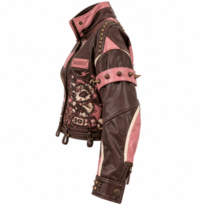 Oferta del Fabricante: Chaqueta Bomber de Cuero Genuino Marrón para Mujer con Diseño Gráfico Vintage de Mapache y Tachuelas, OEM/ODM - Product Image 4
