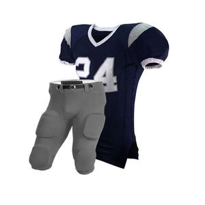 Custom American Football Uniform Set Men's Navy Blue Jersey With Gray <b>Padded</b> Pants V-<b>Neck</b> Short Sleeve Sublimated Print - Product Image 1