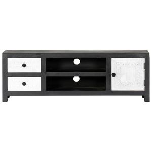 Meuble TV moyen en bois de manguier massif et MDF, gris et blanc, élégant - Product Image 3