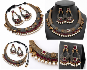 Wholesale Trendy Copper Oxidized Antique Finish Black Zinc Plated Lovers Cushion Cut Onyx Party Necklace Earring Set Women's - Product Image 5
