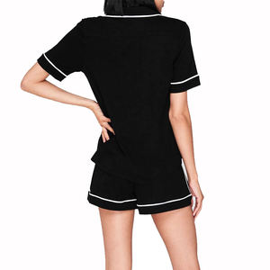 Women's Black 2-Piece Shorts Set Turn-<b>Down</b> Collar Short Sleeve Regular Fit Casual Spring Summer Breathable Knitted Cotton - Product Image 4