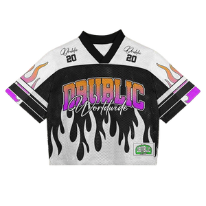 เสื้อฟุตบอลตาข่ายลายกราฟิกเปลวไฟแบบกำหนดเองสำหรับผู้ชาย แขนสั้นแบบครอป สตรีทแวร์ ระบายอากาศได้ดี สไตล์วินเทจ - Product Image 1