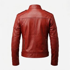 Nouveautés RTS : Blouson moto homme en cuir véritable, col montant, fermeture éclair, style motard, coupe ajustée, rouge, pour l'automne - Product Image 2