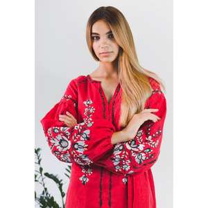 Women Red Embroidered Long Kurta <b>Dress</b> Cotton <b>Linen</b> Ethnic <b>Maxi</b> <b>Dress</b> With Tie Up Waist - Product Image 2