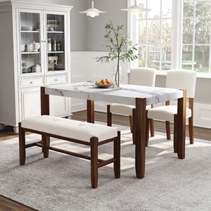 Set da Pranzo Moderno 4 Pezzi: Tavolo Effetto Marmo 117 cm e 2 Sedie Imbottite, Salvaspazio per 4 Persone, Ideale per Cucina - Product Image 1