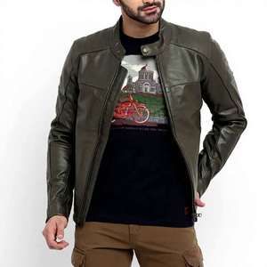 Men's Dark <b>Green</b> PU Leather Moto Biker Jacket Stand Collar Zipper Closure Slim Fit Regular Length Solid Color Winter Wear - Product Image 6
