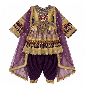Vestido tradicional indio, pakistaní y afgano Kuchi de seda morada con bordado dorado, vestido Kuchi afgano holgado hasta el suelo para mujer - Product Image 4
