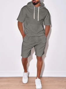<b>Men's</b> <b>Orange</b> Crew Neck <b>Sweatshirt</b> and Shorts Set Solid Color Knitted Breathable Casual Summer Outfit - Product Image 3