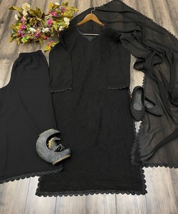 Black georgette Kurta For Women <b>Floor</b>-Length Loose Fit Modest Ethnic Wear India Pakistan Casual All Seasons Style 62914 BE-170 - Product Image 2