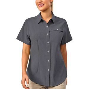 Camisa de pesca de manga corta para mujer, con botones, color gris sólido, UPF 50, anti-UV, transpirable, para mujer - Product Image 6