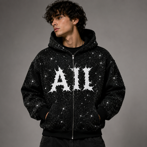 Sweat-shirts à capuche entièrement zippés pour hommes, noirs, entièrement ornés de strass, en molleton de coton, style streetwear, fabrication OEM en gros - Product Image 1