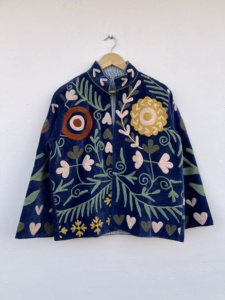 MONIT MARKETING Hand Embroidered Suzani Velvet Bomber <b>Jacket</b> <b>Reversible</b> Boho Vintage Short Coat Colorful Ethnic Floral Pattern - Product Image 1