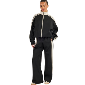 Conjunto Deportivo de Dos Piezas para Mujer con Sudadera con Capucha y Cremallera Completa, Ribete en Contraste y Pantalones de Pierna Recta Relajados, Estilo Casual Athleisure - Product Image 1