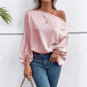 Nueva Camiseta de Manga Larga para Mujer, Color Sólido, Cuello Oblicuo, Estilo Asimétrico, 2026 Europeo - Product Image 3