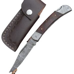 Couteau pliant de poche OEM en acier Damas, fait main, avec lame à motif, manche en bois durable, tranchant affûté, design compact, pour l'extérieur - Product Image 1