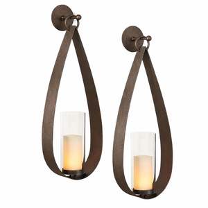 Juego de Apliques de Pared de Metal y Vidrio Marrón Rústico, Elegante Marco en Forma de Lágrima, Aspecto Artesanal, Brillo Cálido, Decoración Atemporal para el Hogar - Product Image 1