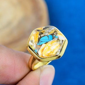 Natural Oyster <b>Turquoise</b> Hexagon shape Cut Gemstone 18k Gold Plated Bezel Handmade Cocktail <b>Ring</b> For Women - Product Image 1