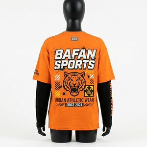 Chemises à double couche en coton et jersey de polyester, intérieur orange et noir, manches longues, impression sérigraphique personnalisée effet vieilli, coton double couche. - Product Image 3