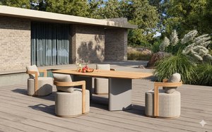 Ensemble de table à manger en teck moderne pour l'extérieur, meubles de salle à manger de luxe pour hôtel, resort, villa, jardin, bord de piscine, Indonésie - Product Image 2