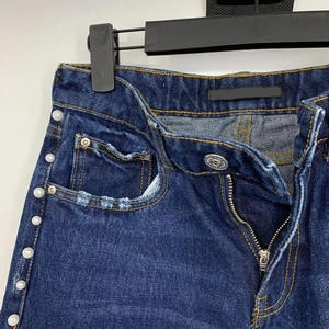 Jeans de mezclilla de tiro alto y pierna recta para mujer, lavado oscuro, con elegantes detalles laterales de perlas, corte holgado, talla Pearl, novedad 2026 - Product Image 3