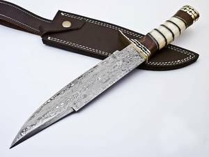 Couteau de chasse Bowie DIY OEM en acier Damas, lame fixe à pointe clip, manche en bois, bord droit, longueur totale 13 pouces, fourreau en laiton - Product Image 5