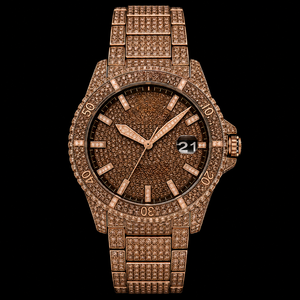 Montre pour homme en or rose sertie de pierres, cadran en pierre brune, affichage de la date, montre de luxe tendance, style étincelant - Product Image 1