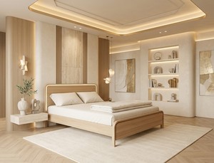 Cadre de lit plateforme moderne en bois massif écologique avec panneaux rembourrés, couleur bois naturel, mobilier de chambre Queen/King - Product Image 4