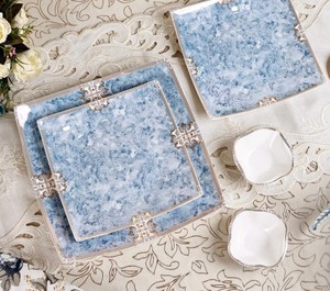 Blue 10-Piece Premium Snack <b>Set</b> | Textured Ceramic <b>Dinnerware</b> Serving <b>Set</b> with 2 Large Platters <b>6</b> Quarter Plates and 2 Dip Bowls - Product Image 1