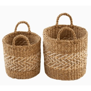Paniers de rangement pliables en jute et jonc de mer tressés à la main, écologiques, avec poignées et doublure imperméable, lot de 3 pour l'organisation et la décoration intérieure - Product Image 1