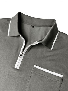 Polo en tricot à manches courtes pour homme, couleur unie, col boutonné décontracté, haut décontracté avec col zippé et poche - Product Image 5