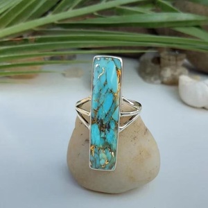 925 Sterling Silver Blue Copper Turquoise <b>Statement</b> <b>Ring</b> Handmade Rectangle Stone Jewelry Gift for Her - Product Image 5