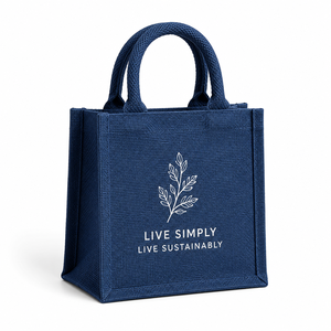 Bolsa de Yute Azul Ecológica AMANI de 7 Pulgadas, Bolsa de Regalo con la Lema de Bengala Occidental: Vive Simplemente, Vive Sosteniblemente - Product Image 1