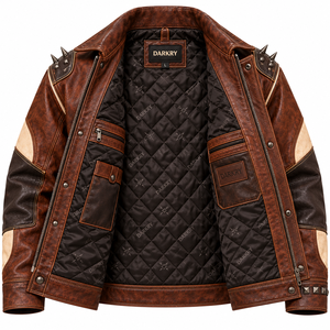 Brown Mens Leather Chore Jacket DJ Gorilla Graphic Spiked <b>Studded</b> Biker Coat Lapel Custom OEM ODM Factory Wholesale Production - Product Image 5
