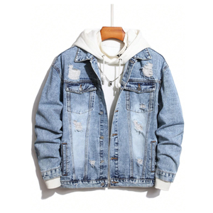 100% qualité d'exportation noir coton bouton avant plaine déchiré Denim veste poches à rabat manches longues col à capuche-décontracté hiver - Product Image 6