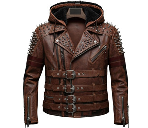 Men <b>Punk</b> Biker <b>jacket</b> Hooded Leather Coat Studded Zipper Waist Belt Outerwear <b>Jacket</b> Spike Cowhide Leather <b>Jacket</b> - Product Image 5