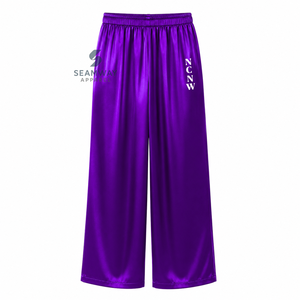 NCNW Sorority Women's Satin Pajama <b>Set</b> Long Sleeve Button-Up Embroidered Two <b>Piece</b> Sleepwear Purple With <b>White</b> Trim Lounge <b>Set</b> - Product Image 4