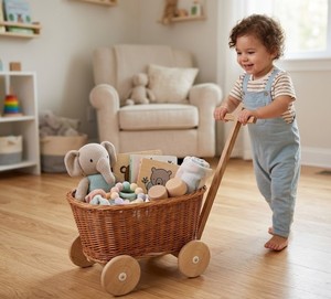 Chariot à jouets pour enfants en rotin naturel tissé à la main avec poignée en bois et quatre roues, chariot de rangement en osier fait main pour enfant, crèche - Product Image 5