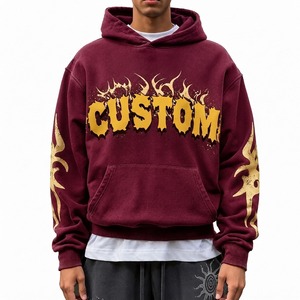 Sweat-shirt à capuche oversize en molleton personnalisé avec impression numérique motif flamme, unisexe, streetwear, logo doré bordeaux sur le devant, respirant, pour l'automne - Product Image 1
