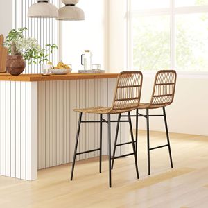 Set di 2 Sgabelli da Bar Alti 66 cm con Schienale in Rattan, Sedie Marroni per Isola Cucina - Product Image 2